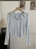 Suéter de Punto Cardigan Largo de Manga Larga Color Sólido con Cuello Volante Fino Semitransparente Omalai para Mujer 6977