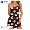 Camisola de Noche Estampada Transfronteriza Europea y Americana para Mujer, Vestido Corto Camisola Sexy sin Espalda para Mujer, Vestido Casual Cómodo para Casa