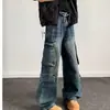Calça Jeans Masculina de Trabalho com Múltiplos Bolsos Perna Larga Primavera e Outono Retrô Americano Solta Casual Versátil Lavada Perna Reta