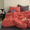 Conjunto de Roupa de Cama de Algodão Puro de Quatro Peças com Estampa Xadrez Retro Simples em Fios Tingidos de Cores Misturadas, Lavado, para Pousadas e Dormitórios, Atacado