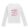 Camiseta negra de cuello en U y manga larga para mujer, nuevo estilo primavera y otoño, estampado de graffiti de dibujos animados, corte ajustado, top versátil, camiseta básica