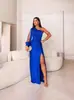 2024 Novo Estilo de Verão Europeu e Americano Amazon Cross-Border Roupas Femininas Gola Assimétrica Mangas Raglan Cintura Franzida Fenda Saia Longa Sexy