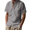 Fornecimento Exclusivo Transfronteiriço da Amazon de Camisas de Linho Masculinas, Camisas Simples de Manga Curta com Gola Mandarim, Algodão e Linho, Confortáveis, Versáteis e Respiráveis para Homens