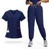 Elástico Secado Rápido 42109 Ropa para Lavar para Hombres y Mujeres Cuello en V Bolsillo Simple Traje de Doctor Enfermera Conjunto de Dos Piezas para Hombres y Mujeres