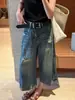 Jeans Vintage de Tiro Alto Rasgados Cortos de Pierna Ancha para Mujer, Verano 2026, Corte Holgado Petite Pantalones Rectos Casuales Versátiles