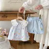 Conjunto de Vestido de Verano Estilo Océano para Niñas, Top sin Mangas, Shorts con Volantes, Conjunto de Dos Piezas, Ropa Infantil con Estampado de Conchas