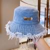 Novo Chapéu de Pescador de Jeans Trendy e Fashion, Chapéu Bucket de Borda Bruta Lavado e Desgastado, Pequeno Estilo Coreano que Valoriza o Rosto, Aba Larga