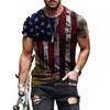 2023 Exportación Transfronteriza Europea y Americana Nueva Ropa para Hombre Tendencia Nacional Estampado de Bandera Estrella Cuello Redondo Retro Jersey Camiseta de Manga Corta Top