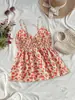 Camisola Roja Floral Pura y Fresca Estilo Chica Picante Transfronteriza Europea y Americana para Mujer, Diseño de Verano con Efecto Ceñidor en la Cintura, Adelgazante, Sin Espalda