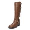 Botas Miu Estilo Celebridade da Internet, Botas Biker para Mulheres, Cano Alto Retrô Bico Redondo Fivela de Cinto Salto Grosso Botas Western Cowboy