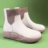 Botines de tobillo planos de punta redonda retro transfronterizos para mujer, botines tipo calcetín elásticos, tacón medio, estilo deportivo, botines sencillos de otoño/invierno, estilo británico, efecto adelgazante