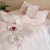 Coelho Doce Sonambulismo Estilo Creme Gaze Dupla Franzida Conjunto de Quatro Peças Bordado Capa de Edredom Doce Amiga da Pele Respirável Macio Roupa de Cama