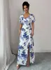 Vestido Longo Elegante com Decote V e Estampa Floral Transfronteiriço de Verão Europeu e Americano 2026