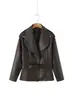 ¡Pedido de Comercio Exterior! Chaqueta Abrigo de Cuero PU Estilo Retro Europeo y Americano para Mujer con Solapas Grandes, Cinturón, Hombreras y Decoración de Cremallera