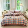 Juego de cama de algodón lavado a cuadros de estilo no impreso, juego de cama de cuatro piezas, sábana de algodón, funda de edredón, gorro de cama, juego de tres piezas para dormitorio de estudiantes