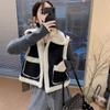 Chaleco de una pieza de piel de cordero negra para mujer, Otoño e Invierno, Ropa exterior de cachemira, Chaqueta corta