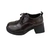 Mocasines Retro con Tacón Grueso y Cordones Tacones Altos Zapatos Pequeños de Cuero Estilo Academia Británica para Mujer Punta Redonda Versátiles Planos de Tacón Medio