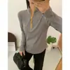 2025 Suéter de Punto con Cremallera a Media Altura y Cuello Alto en Color Contrastante para Mujer, Corte Ajustado, Versátil, Camiseta Básica Corta
