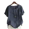 2023 Amazon Wish Aliexpress Camisetas Casuales Sueltas de Manga Corta de Algodón y Lino Retro para Mujer en Stock Marcas de Moda