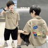 Polo Casual de Manga Corta para Niño Estampado de Moda Nacional Algodón Puro Manga Corta Verano Estilo Occidental Estilo Coreano Moda para Niños Medianos-Grandes