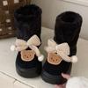 Botas de Neve Femininas de Inverno Estilo Coreano com Laço e Design de Urso, Meia-Panturrilha, Pelúcia, Quentes, para Exterior, Sapatos de Algodão Confortáveis