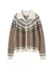 Cardigã de Cashmere Jacquard Fair Isle para Mulheres, Jaqueta Suéter Espessa e Quente, Rejuvenescedor, Suéter de Lã com Zíper Outono e Inverno 2025