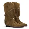 Botas de viagem retrô de camurça com franjas de Xinjiang, salto grosso, emagrecedoras, novas botas de tornozelo estilo western cowboy de cano médio para mulheres 2026