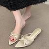 Novedad Verano 2025 Talla Grande Malla con Pedrería Punta Aguda Boca de Pez Tacones Altos Tacones de Aguja Sandalias Sexy de Una Sola Tira y Medias Pantuflas