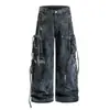 Jeans de Pierna Ancha para Hombre con Bolsillos Múltiples, Estilo Workwear con Salpicaduras de Tinta Deterioradas, Nuevo Estilo de Primavera con Cintas, Pantalones Largos Casuales Sueltos para Parejas, Estilo para Mujer