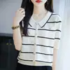 2026 Verano Nuevo Estilo Coreano Lyocell Cuello Polo Tejido de Punto Manga Corta Jacquard Rayas Bloque de Color Top para Mujer