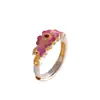 Anillo de Plata de Ley Plata Pura 999 Nuevo Estilo Chino Rosa Floral Esmalte Dorado Elegante Abierto Lujo Ligero Anillo para Dedo Índice