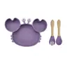 Juego de Alimentación de Silicona para Bebé de 4 Piezas, Plato con Ventosa de Cangrejo, Babero, Cuchara y Tenedor de Madera, Autoalimentación para Niños Pequeños