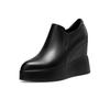 Mocassins de Couro Genuíno com Sola Grossa e Aumento Interno 2025 Novos Sapatos Femininos de Bico Fino Zíper Lateral Sola Pequena Plataforma Sapatos de Salto Anabela