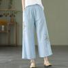 Padrão Bordado Estilo Étnico Algodão e Linho Botão Calças Retas Femininas Retrô Cintura Elástica Soltas Finas Pernas Largas Calças Cropped