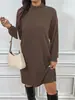 Roupas Femininas Plus Size Outono e Inverno 2025 Novo Vestido Tricô de Cor Sólida com Gola Alta e Manga Longa, Tamanho Extra Grande, Estilo Mid-Length com Ajuste na Cintura