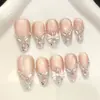 Gato Brilhante Olho Rosa Diamante Laço Gradiente Glitter Fino Simples e Fashionável Estilo Europeu e Americano Pontas de Unha Removíveis 30 Peças