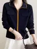 26 Outono Novo Estilo Francês de Trabalho Elegante Gola Alta Bloco de Cores Manga Longa Bolso Zíper Duplo Cardigan de Tricô Top 22960