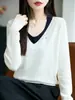 Tricô de Cor Contrastante Falso Duas Peças Manga Longa Outono Novo Solto Efeito Emagrecedor Suéter Camisa Camiseta para Camadas Internas para Mulheres