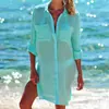 Chegada Nova Europeia e Americana 2021 Tecido Amassado Dois Bolsos Fivela Blusa de Praia Jaqueta de Biquíni Camisa Roupa de Banho Cardigan Feminino