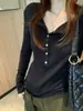 Camisa Básica Henley para Mulheres em Tencel Lyocell e Lã de Ovelha, Manga Longa para Outono e Inverno com Botões de Madrepérola e Listras de Acetato