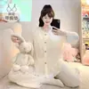 Pijama de Algodón Nube para Mujer, Primavera y Otoño, con Almohadillas en el Pecho, Ribete de Encaje, Mangas Largas y Pantalones, Estilo Dulce de Princesa, Conjunto de Ropa de Casa Talla Grande
