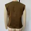 Nuevo Top Camiseta de Moda Verano para Mujer Marrón Texturizado Estilo Francés Retro Elegante con Giro en V sin Mangas para el Trabajo