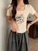 Camiseta de Manga Corta de Algodón Puro de Gama Alta para Mujer, Nuevo Estilo de Verano, Ceñida a la Cintura, Adelgazante, Top Corto de Hueso de Pescado, Estilo Trendy Ins