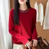 Suéter de punto de lana 100% pura con cuello redondo y cuentas de lujo ligero para mujer, otoño e invierno, color liso elegante, corte holgado, top cálido
