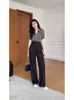Conjunto de Dos Piezas para Mujer Verano 2026 Casual Negro y Gris de Alta Gama Color de Contraste Corte Ajustado Camisa + Pantalones Rectos de Cintura Alta Adelgazantes