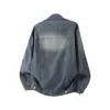 Chaqueta de Mezclilla Amarilla con Tinte de Barro, Cuello Alto, Desestructurada, Lavada, Desgastada, Estilo Retro Americano, Para Hombre, Primavera Otoño, Retazos, Holgada, Moderna