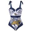Traje de baño de una pieza estampado retro francés nuevo europeo y americano 2023 para mujer, vestido de playa para vacaciones en aguas termales, traje de baño de dos piezas