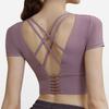 Ropa de Yoga Transfronteriza de Manga Corta para Mujer con Cinturón y Almohadilla en el Pecho Sexy Hueca Corta Deportiva Espalda de Belleza Secado Rápido Fitness Running Top