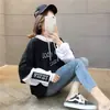 Sudadera Fina con Capucha para Mujer de Primavera y Otoño Empalmada de Manga Larga Estilo Coreano Estudiante Ajuste Holgado Adelgazante Aspecto de Dos Piezas Falsas Top Bordado