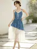 Vestido Floral Francês com Alças Finas Verão Renda Patchwork Irregular Camadas Vestido de Comprimento Médio Vestido Floral com Alças Finas